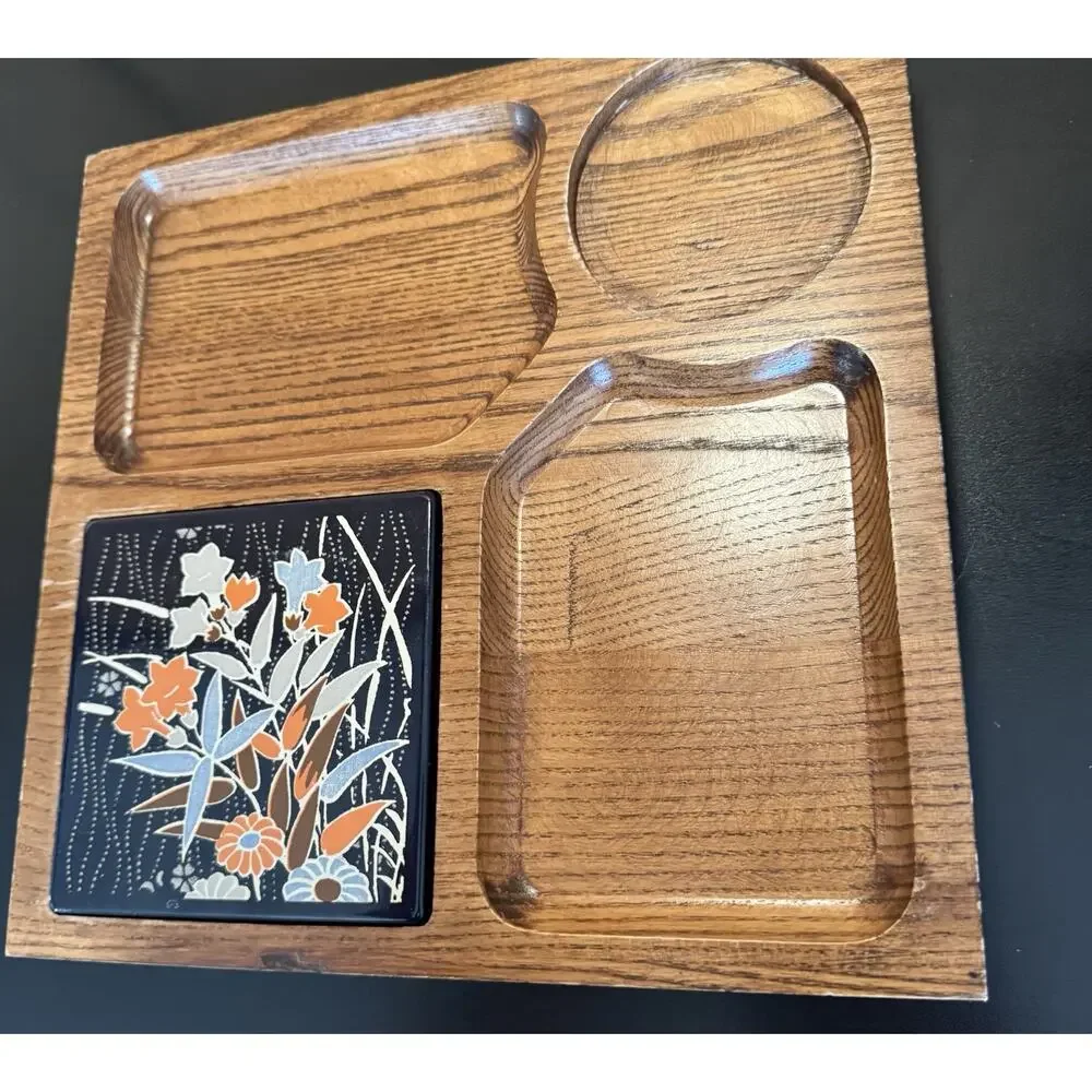 Vintage MCM Wooden Snack Serving Tray w/ Ceramic Tile Trivet 10x10